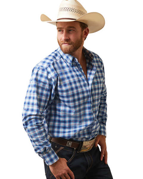 Image #1 - Ariat Men's Pro Series Lex Plaid Print Fitted Long Sleeve Button-Down Western Shirt, Blue, hi-res