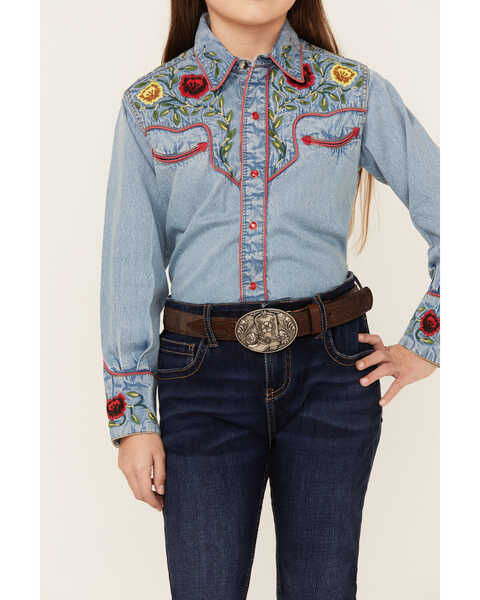 Image #3 - Rockmount Ranchwear Girls' Floral Yoke Long Sleeve Pearl Snap Denim Western Shirt , Blue, hi-res