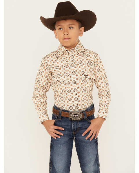 Image #1 - Cowboy Hardware Boys' Distressed Southwestern Print Long Sleeve Snap Western Shirt , Tan, hi-res