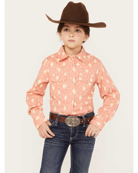 Shyanne Girls' Southwestern Print Long Sleeve Button-Down Stretch Western Shirt, Brick Red, hi-res