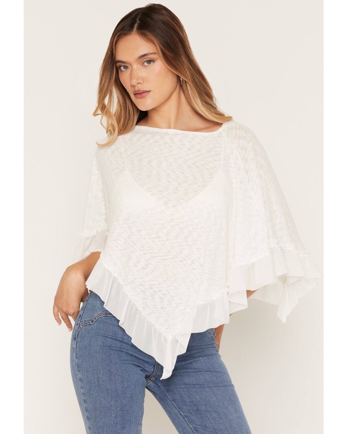 Wild Moss Women's Ruffle Trim Poncho, White, hi-res