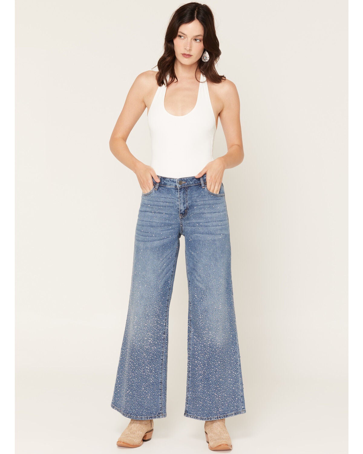 Image #1 - Cello Women's Medium Wash High Rise Embellished Wide Leg Stretch Denim Jeans, Medium Wash, hi-res
