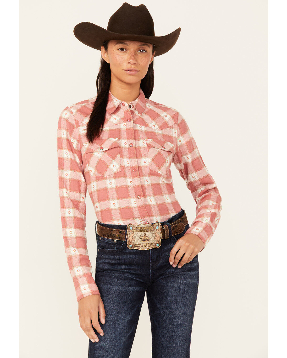 Image #1 - Shyanne Women's Dogwood Dobby Plaid Print Long Sleeve Snap Flannel Shirt, Coral, hi-res