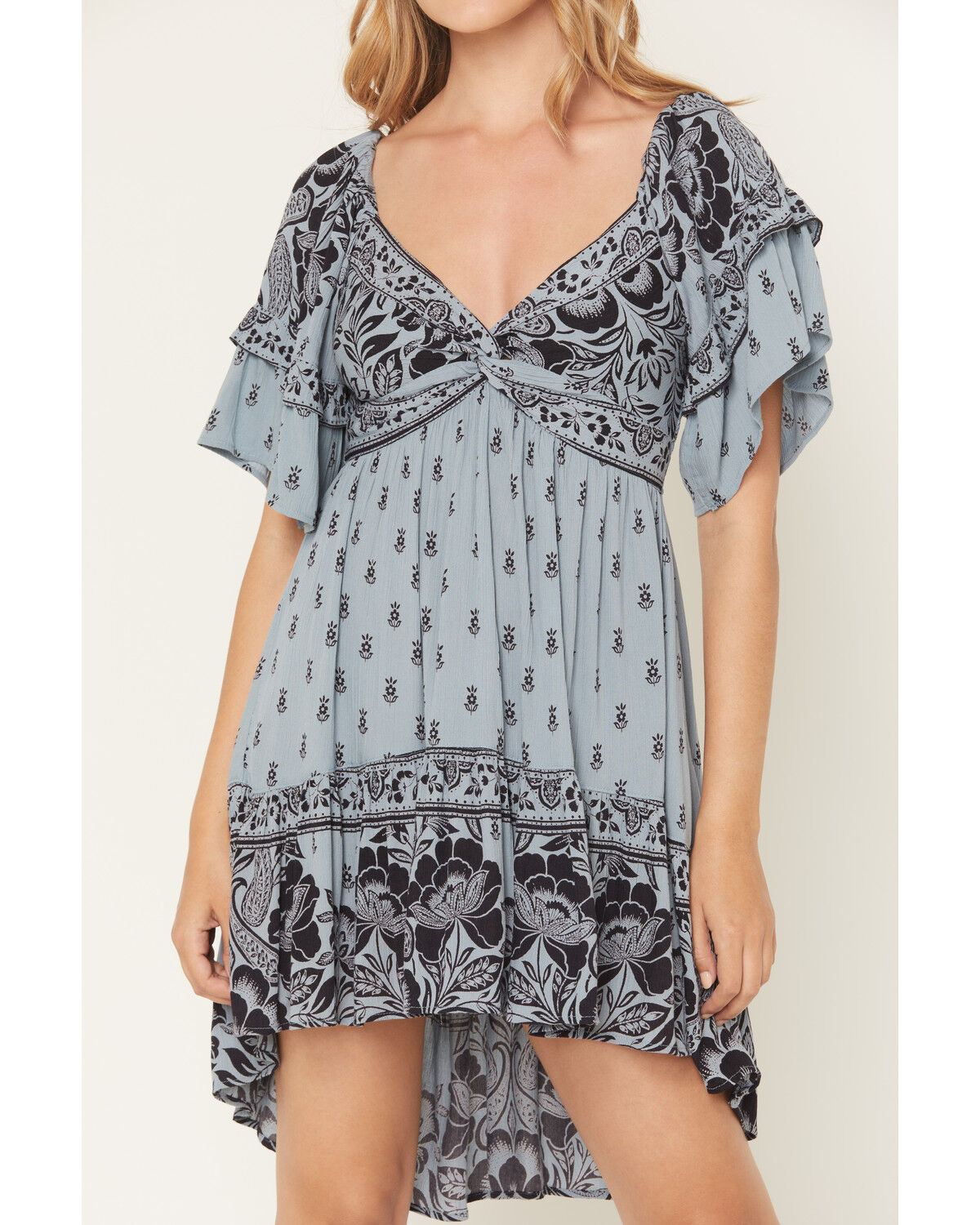 Image #3 - Angie Women's Floral Print Short Sleeve Mini Dress, Blue, hi-res