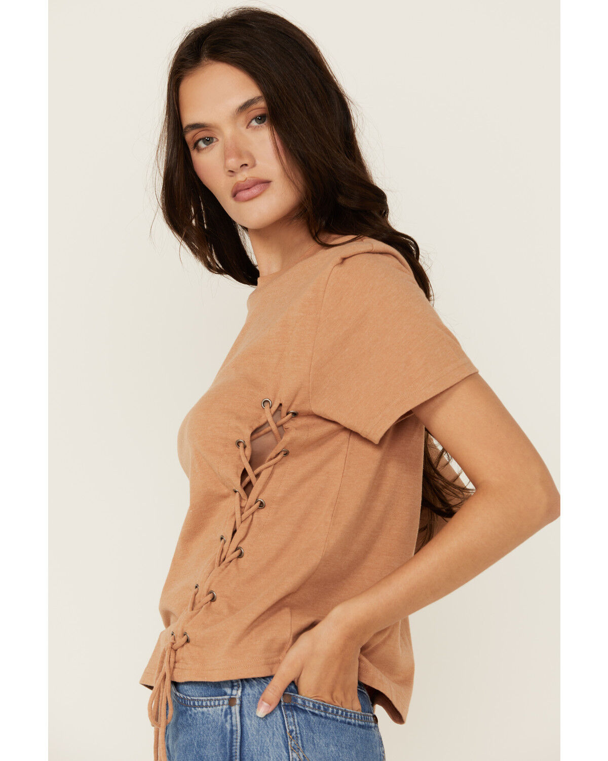 Image #2 - Blended Women's Side Lace-Up Short Sleeve Tee, Brown, hi-res