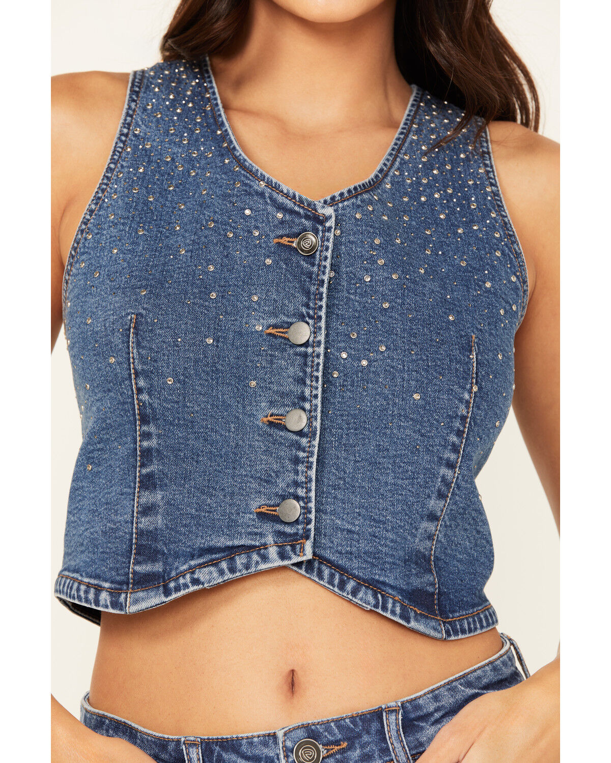 Image #3 - Rock & Roll Denim Women's Medium Wash Rhinestone Studded Vest, Medium Wash, hi-res