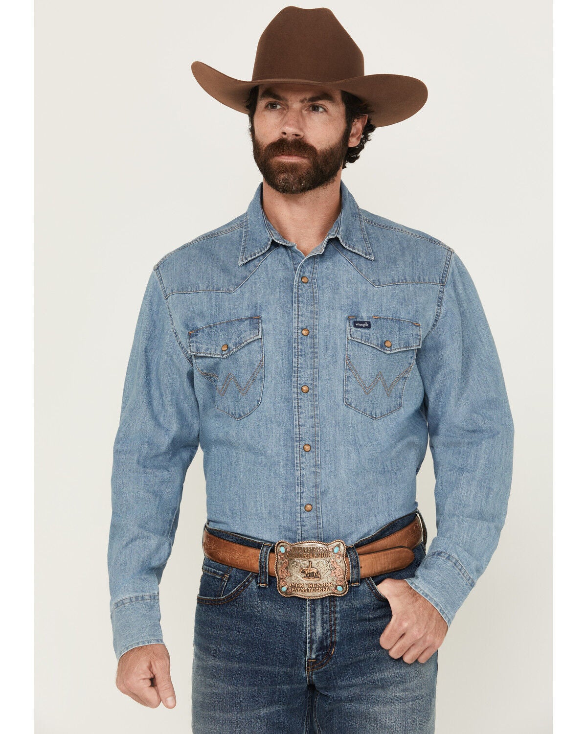 Wrangler Men's Light Wash Denim Long Sleeve Snap Western Shirt, Light Wash, hi-res