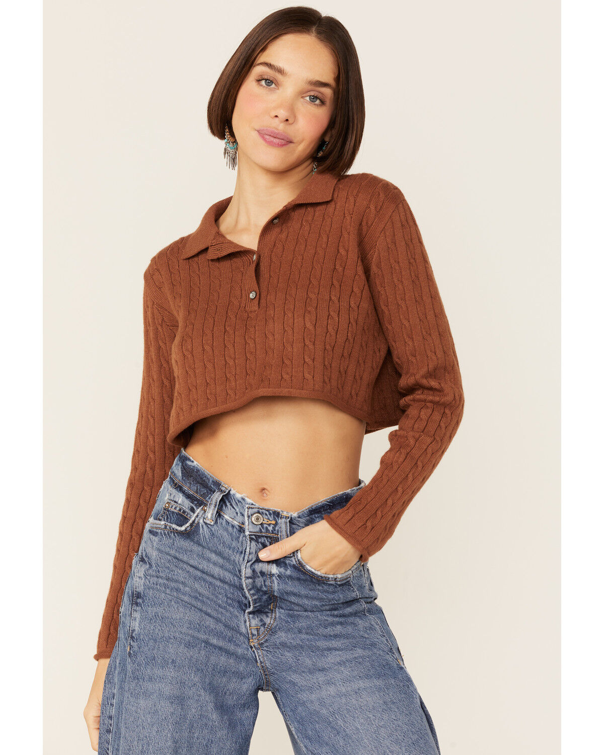 Image #1 - Callahan Women's Rootbeer Brown Cable Knit Long Sleeve Daisy Polo, Brown, hi-res