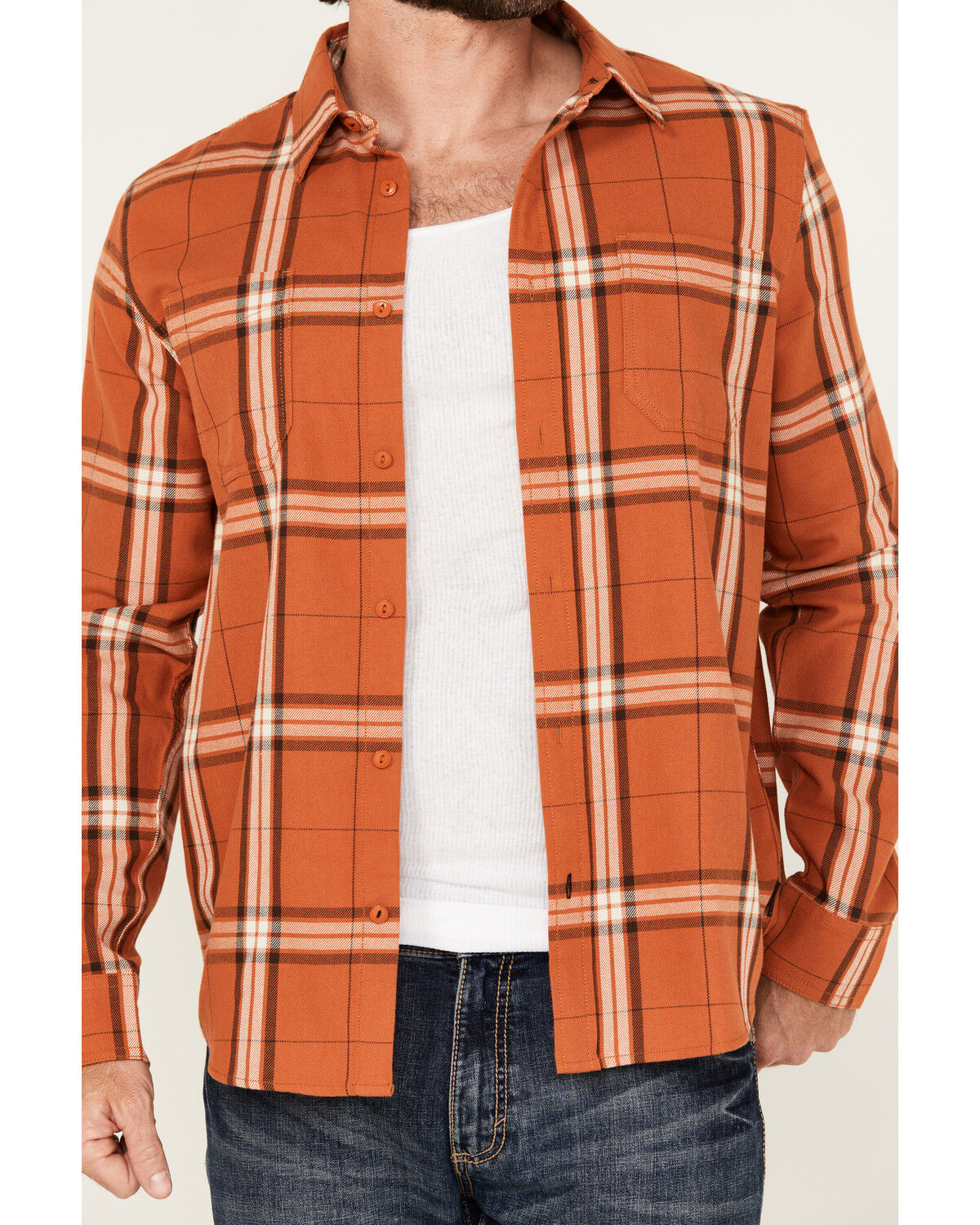 Image #3 - Brothers and Sons Men's Hatch Plaid Print Long Sleeve Button-Down Stretch Western Shirt, Dark Orange, hi-res