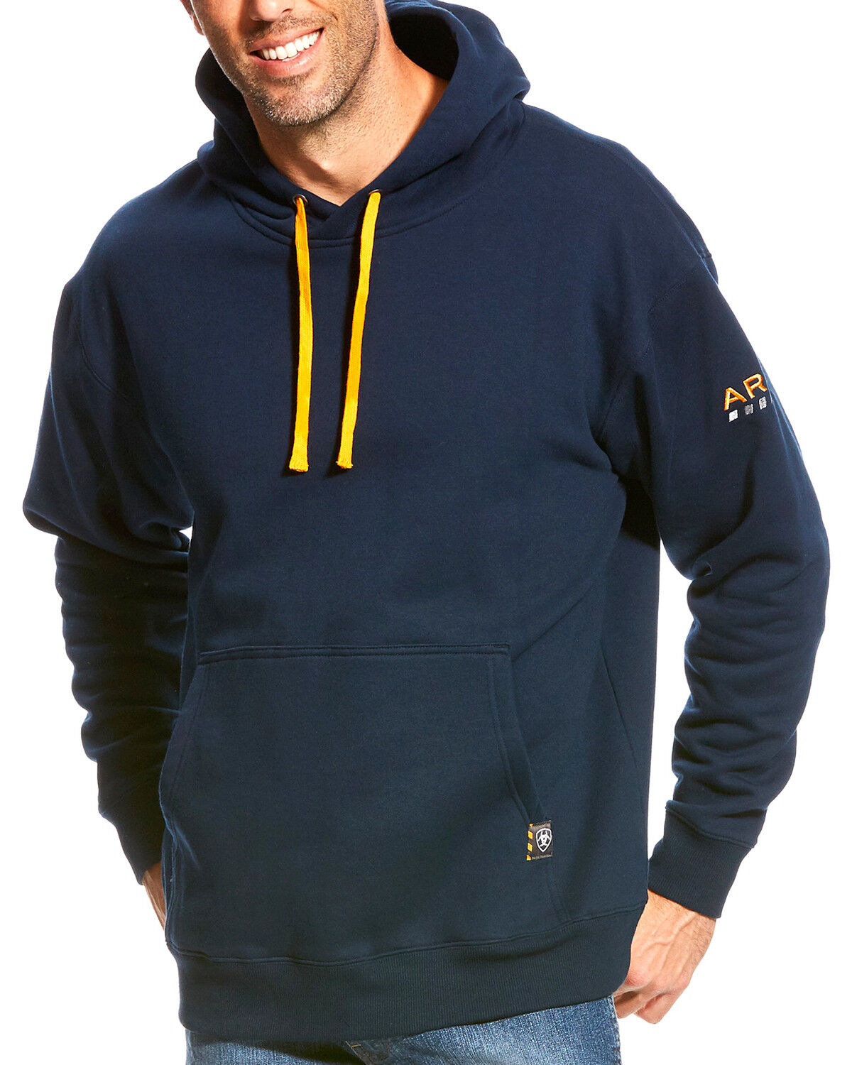 Image #1 - Ariat Men's Rebar Logo Hooded Sweatshirt, Navy, hi-res