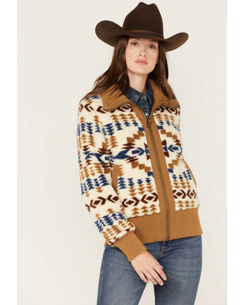 Pendleton Women's Foxglove Berber Mixed Print Fleece Bomber Jacket , Brown, hi-res