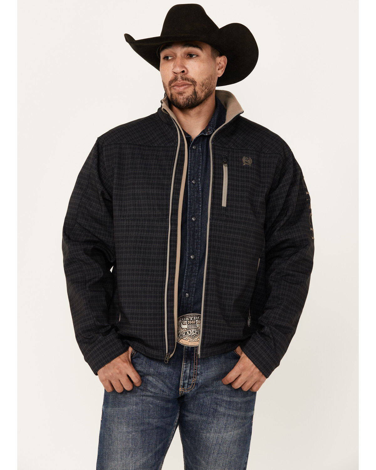 Image #1 - Cinch Men's Plaid Print Bonded Zip Softshell Jacket, Navy, hi-res