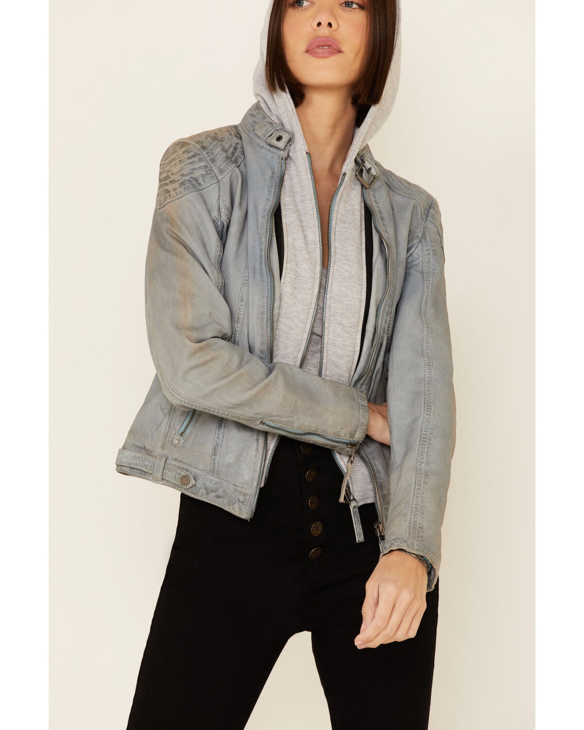 blue hooded leather jacket