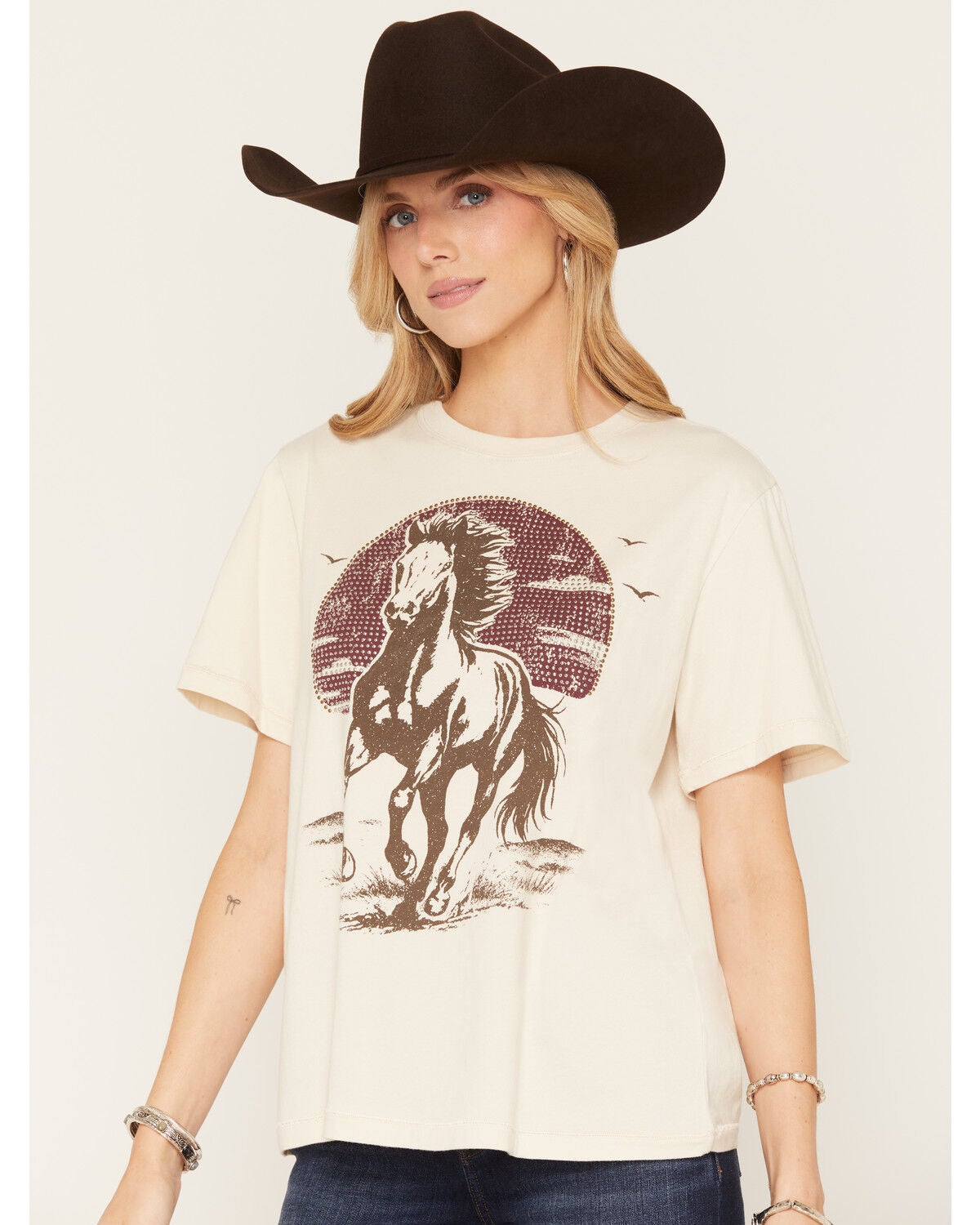 Image #1 - Shyanne Women's Horse with Rhinestone Sun Short Sleeve Graphic Boyfriend Tee, Natural, hi-res