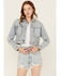 Image #1 - Vibrant Denim Women's Light Wash Rhinestone Cropped Denim Trucker Jacket, Light Wash, hi-res