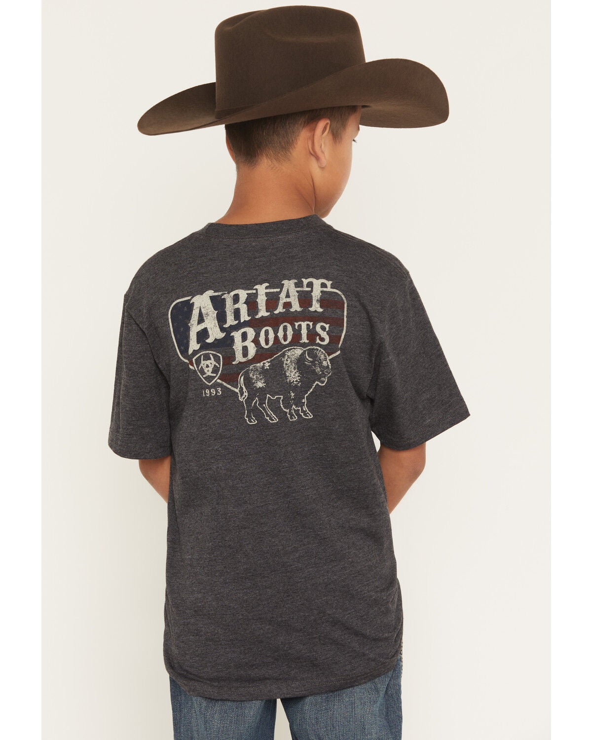 Image #1 - Ariat Boys' Logo Bison Flag Short Sleeve Graphic T-Shirt, Charcoal, hi-res