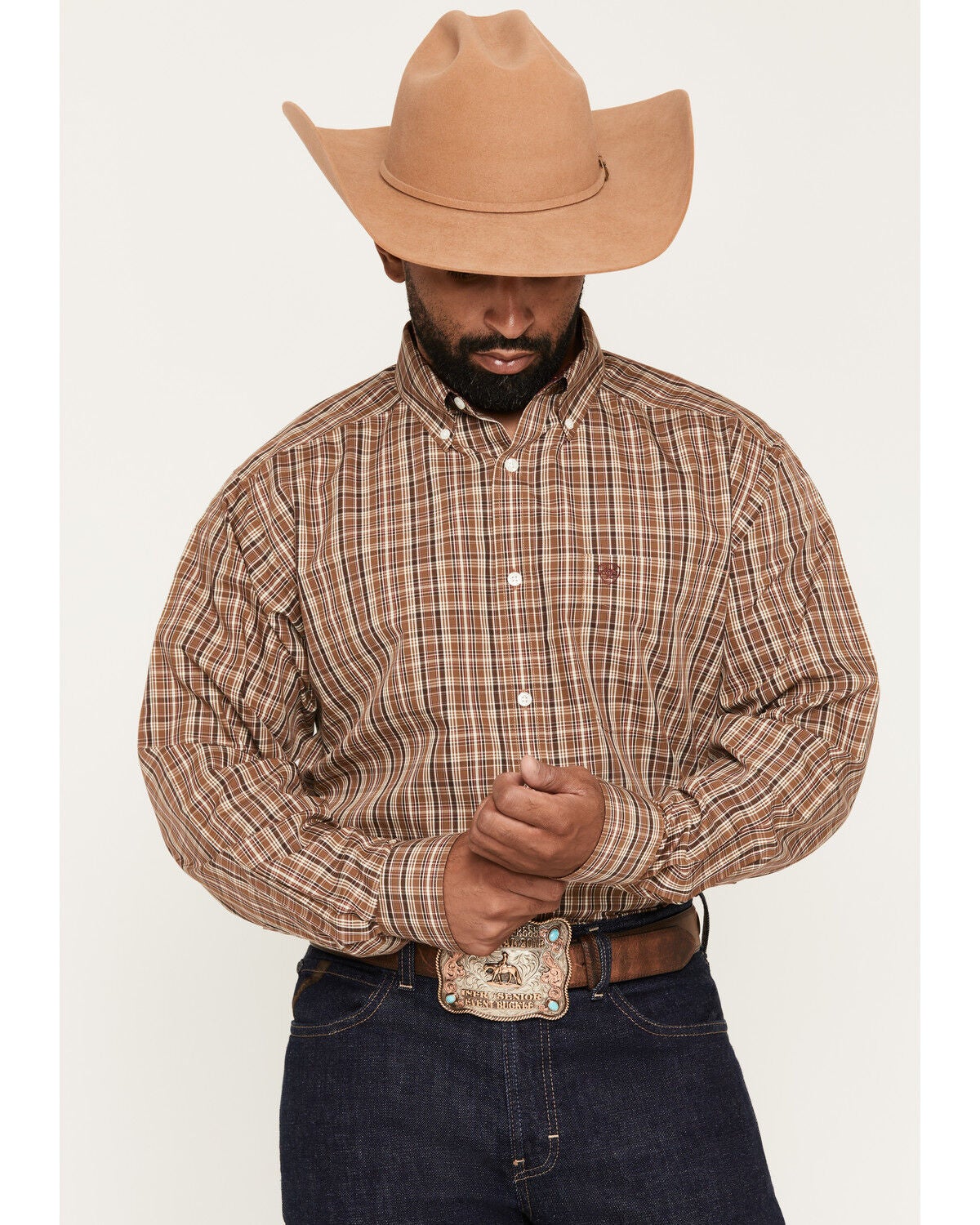 Ariat Men's Rease Plaid Print Long Sleeve Button-Down Western Shirt, Brown, hi-res