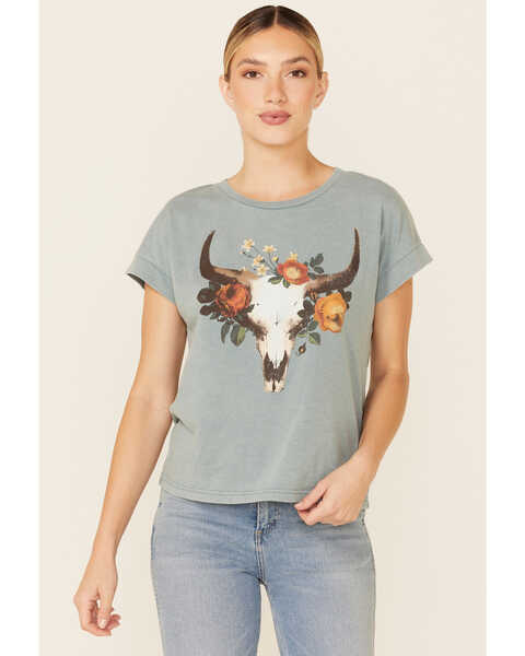 Image #1 - White Crow Women's Teal Floral Longhorn Skull Graphic Short Sleeve Tee , Teal, hi-res