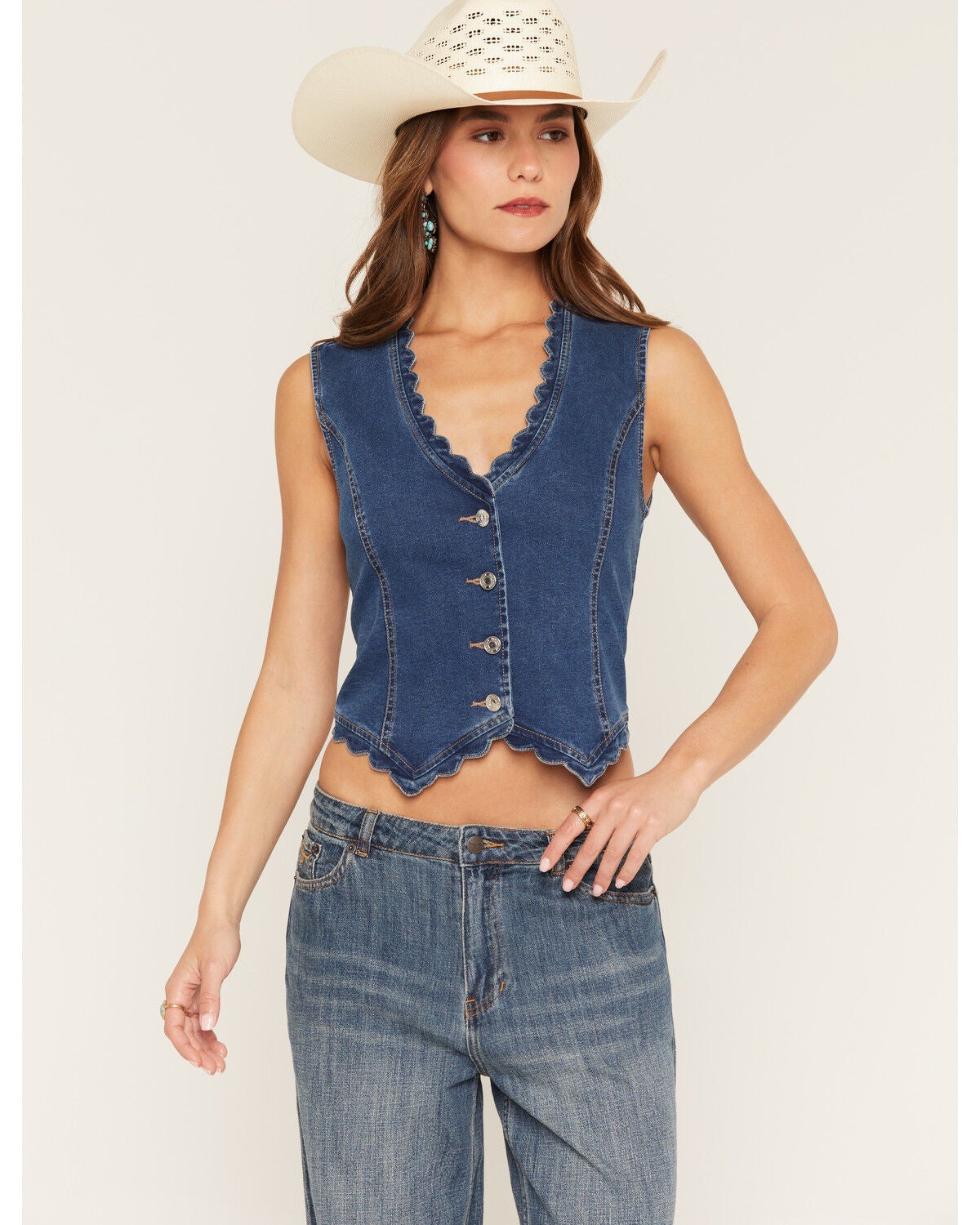 Image #1 - 26 International Women's Scalloped Edge Fitted Denim Vest, Medium Wash, hi-res