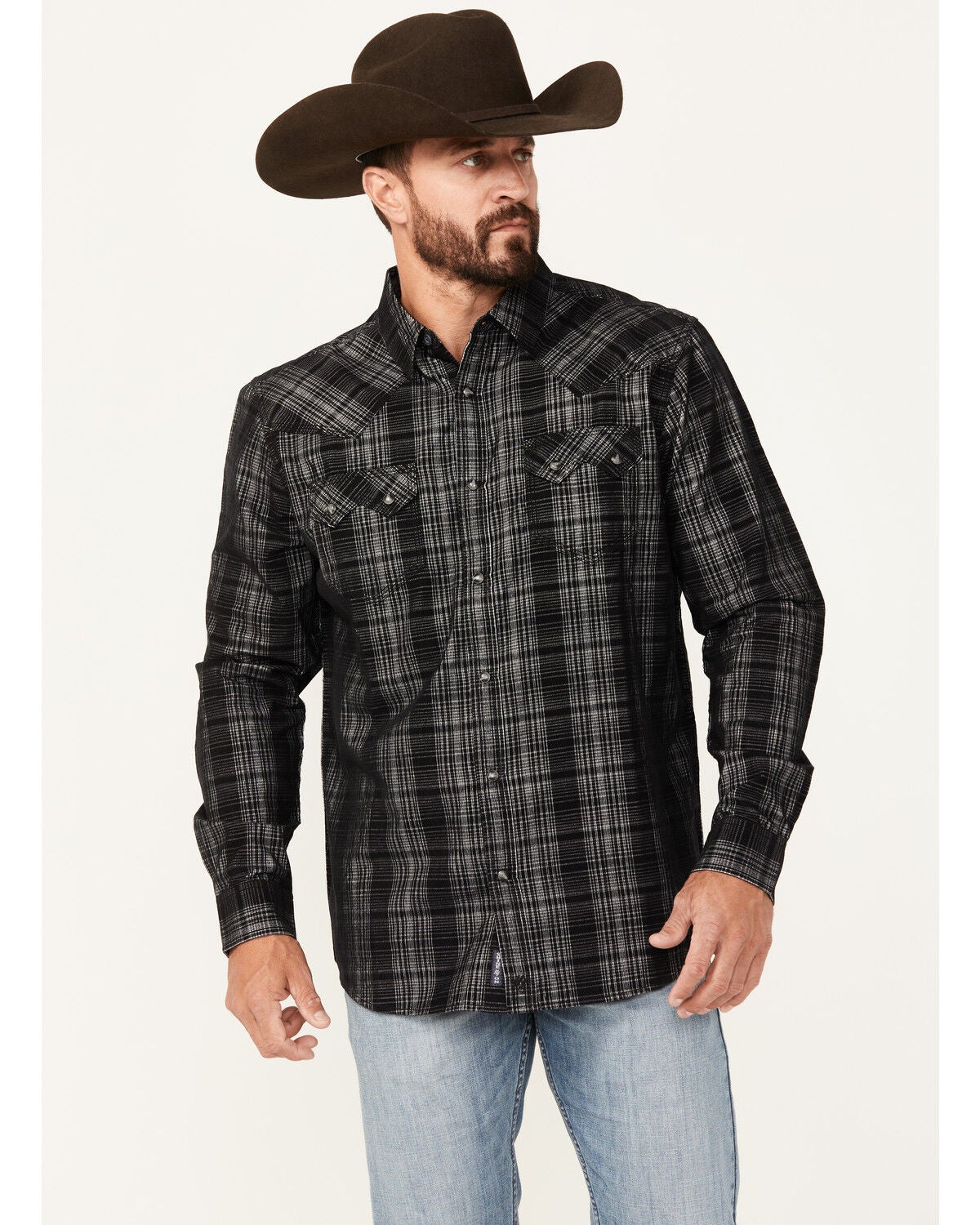 Moonshine Spirit&reg; Men's Black Jack Plaid Print Long Sleeve Snap Western Shirt, Black, hi-res