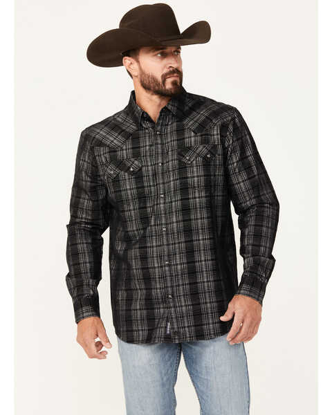 Moonshine Spirit Men's Black Jack Plaid Print Long Sleeve Snap Western Shirt, Black, hi-res