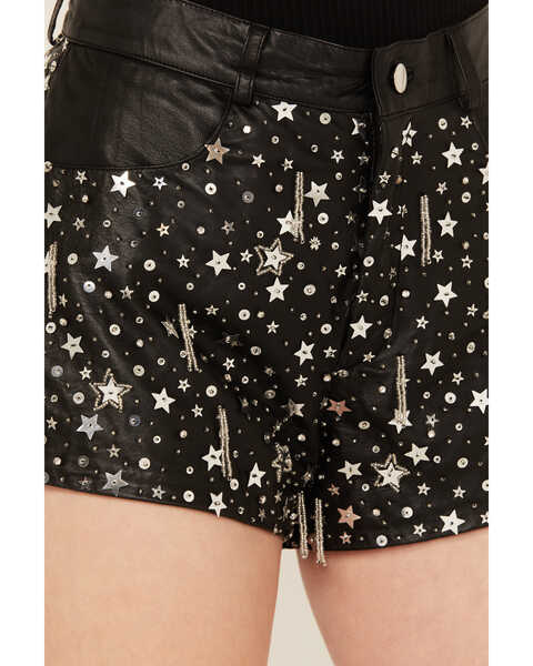 Image #2 - Any Old Iron Women's Star Leather Shorts, Black, hi-res