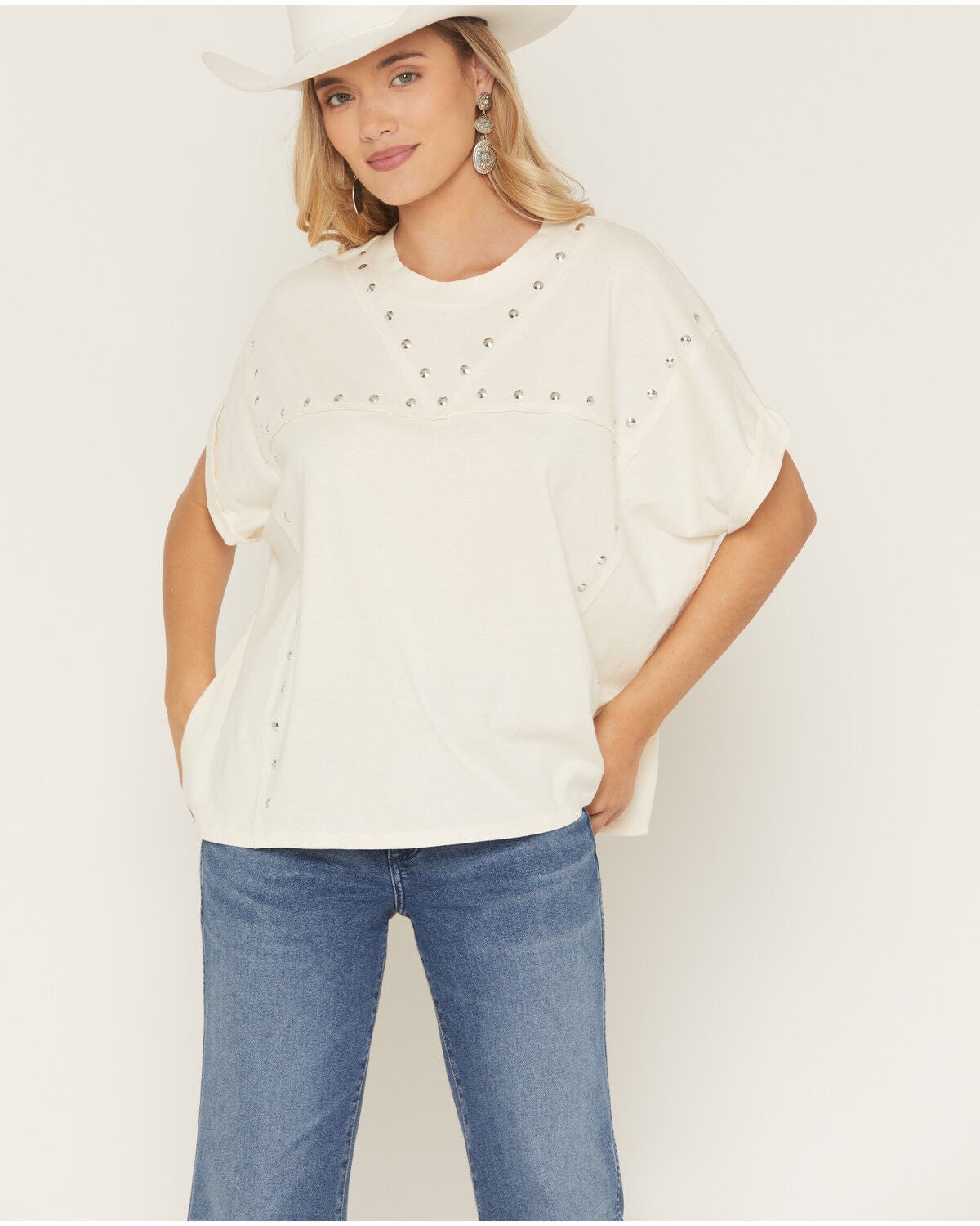 Blended Women's Studded Poncho Tee, White, hi-res