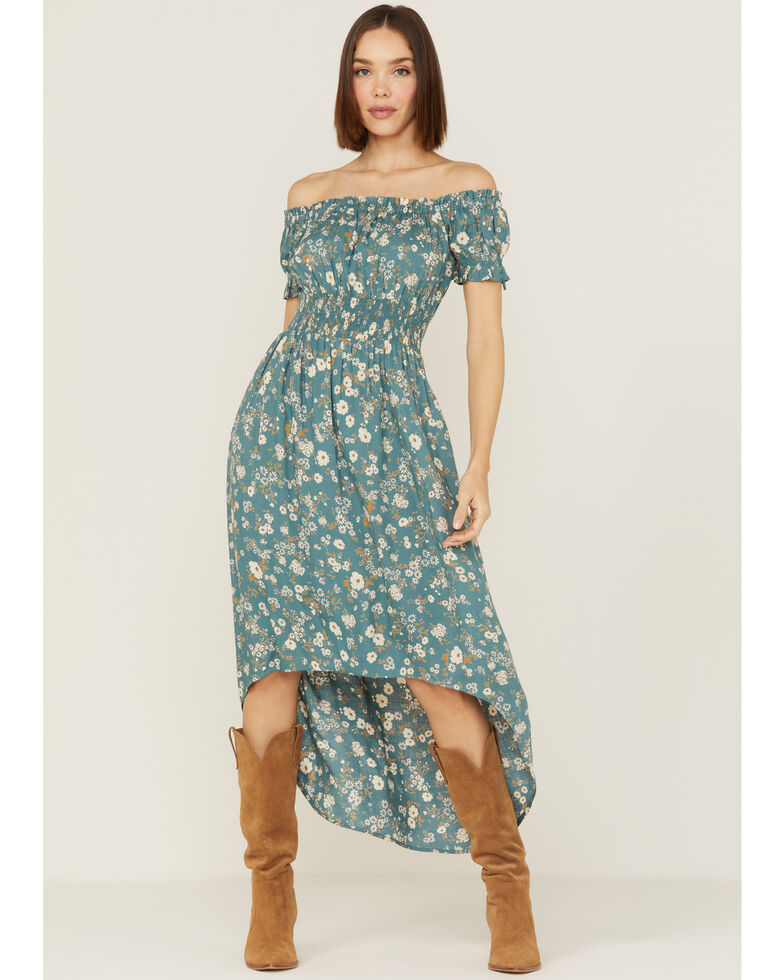 Patrons of Peace Women's Off-Shoulder Midi Hi-Lo Dress, Blue, hi-res