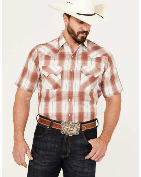 Image #1 - Ely Walker Men's Plaid Print Short Sleeve Pearl Snap Western Shirt, Rust Copper, hi-res