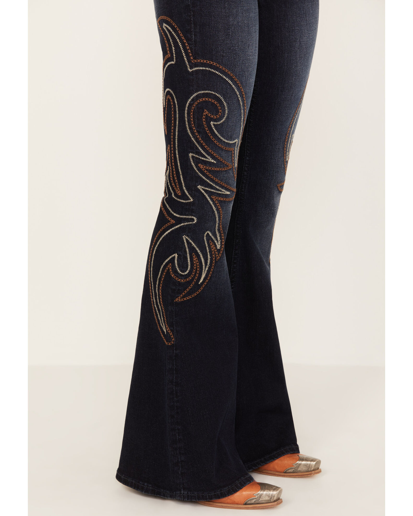 Image #2 - Shyanne Women's Dark Wash Mid Rise Embroidered Flare Jeans, Dark Medium Wash, hi-res