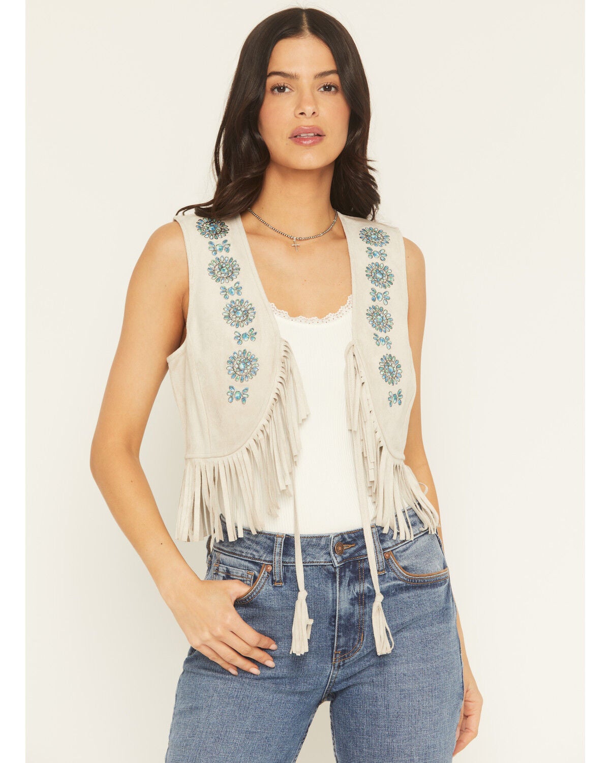Shyanne Women's Embroidered Faux Suede Cropped Vest, Oatmeal, hi-res