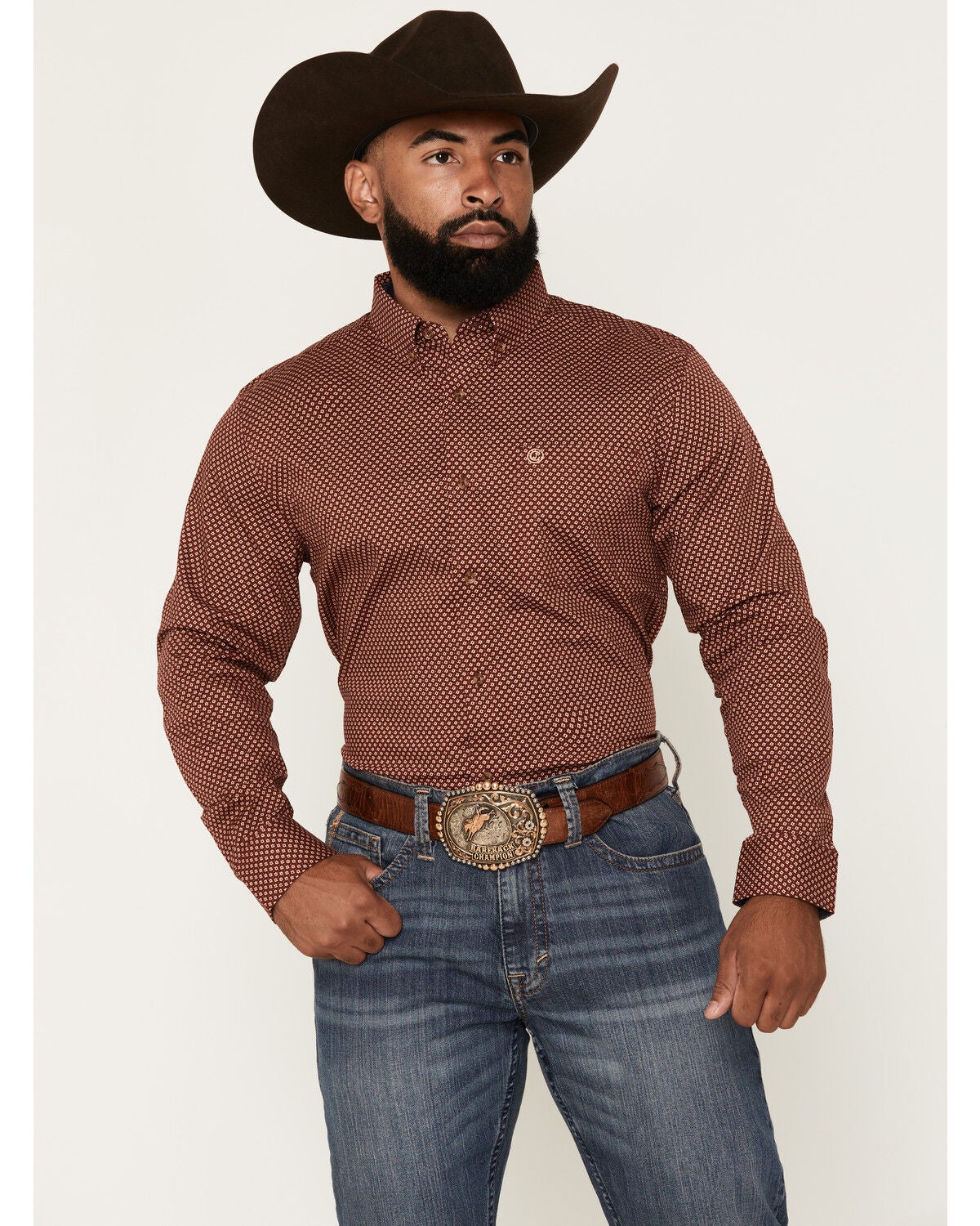 Cody James Men's NFR Geo Print Long Sleeve Button-Down Stretch Western Shirt, Burgundy, hi-res