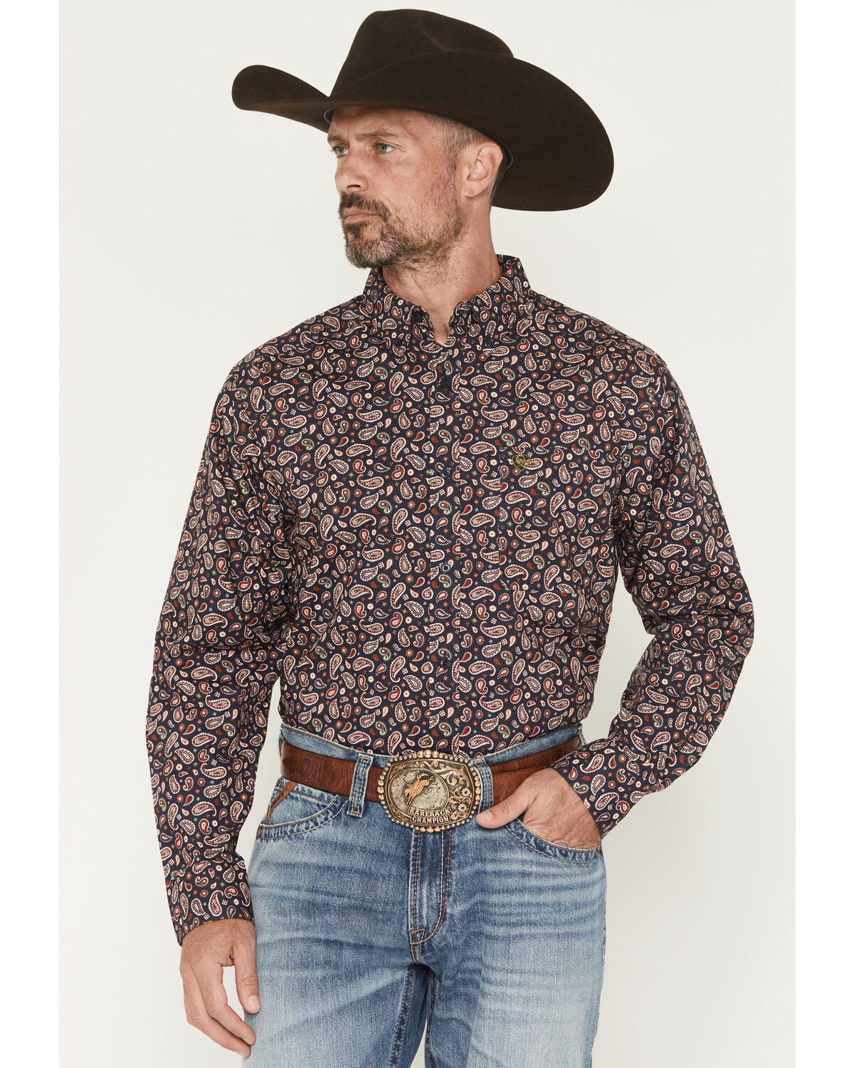 Image #1 - Ariat Men's Wallace Paisley Print Long Sleeve Button-Down Western Shirt, Navy, hi-res