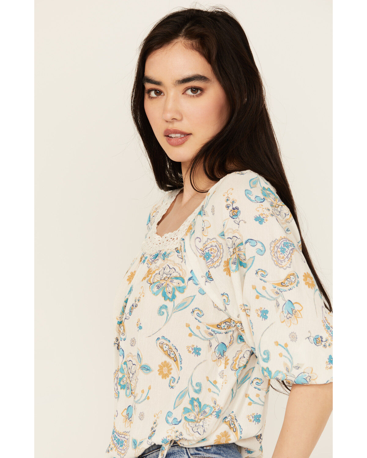 Image #2 - Wild Moss Women's Floral Print Long Sleeve Peasant Top, Ivory, hi-res