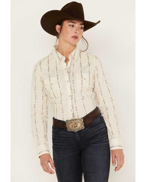 Wrangler Women's Southwestern Striped Print Long Sleeve Snap Western Shirt, White, hi-res
