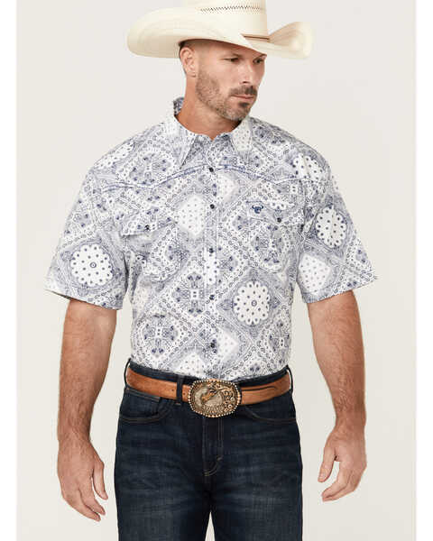 Cowboy Hardware Men's Boot Barn Exclusive Bandana Print Short Sleeve Snap Western Shirt, Navy, hi-res
