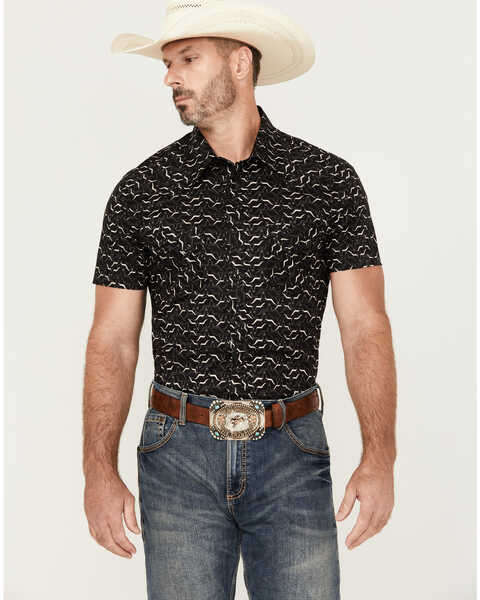 Rock & Roll Denim Men's Longhorn Print Short Sleeve Pearl Snap Stretch Western Shirt , Black, hi-res