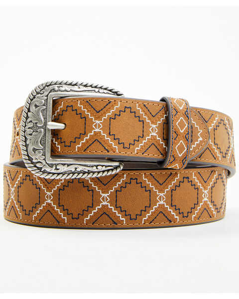 Image #1 - RANK 45® Men's Emmett Southwestern Stitched Leather Belt , Brown, hi-res