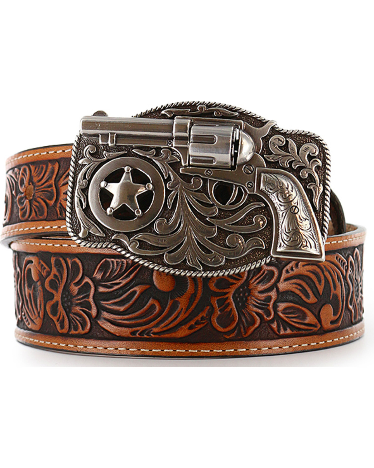 JUSTIN Belt Brown Tooled Leather Western REVOLVER Gun Buckle USA Youth 18 $49 