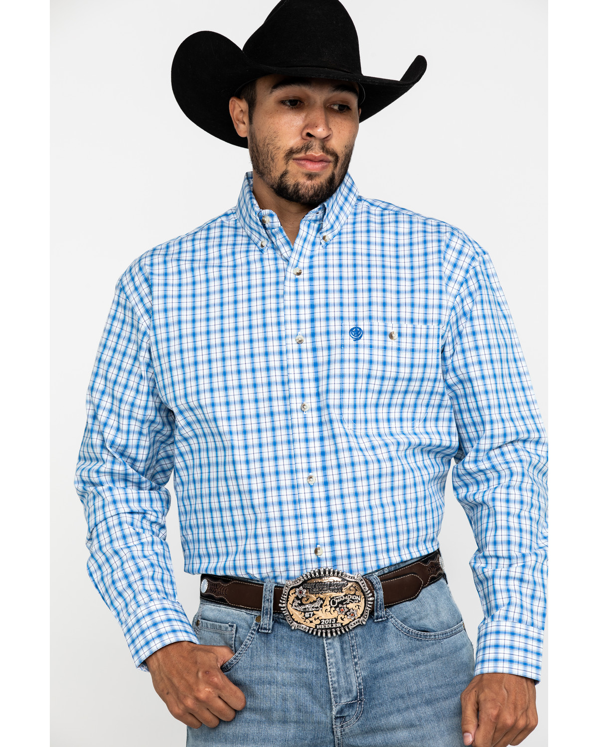 George Strait By Wrangler Blue Small Plaid Button Long Sleeve