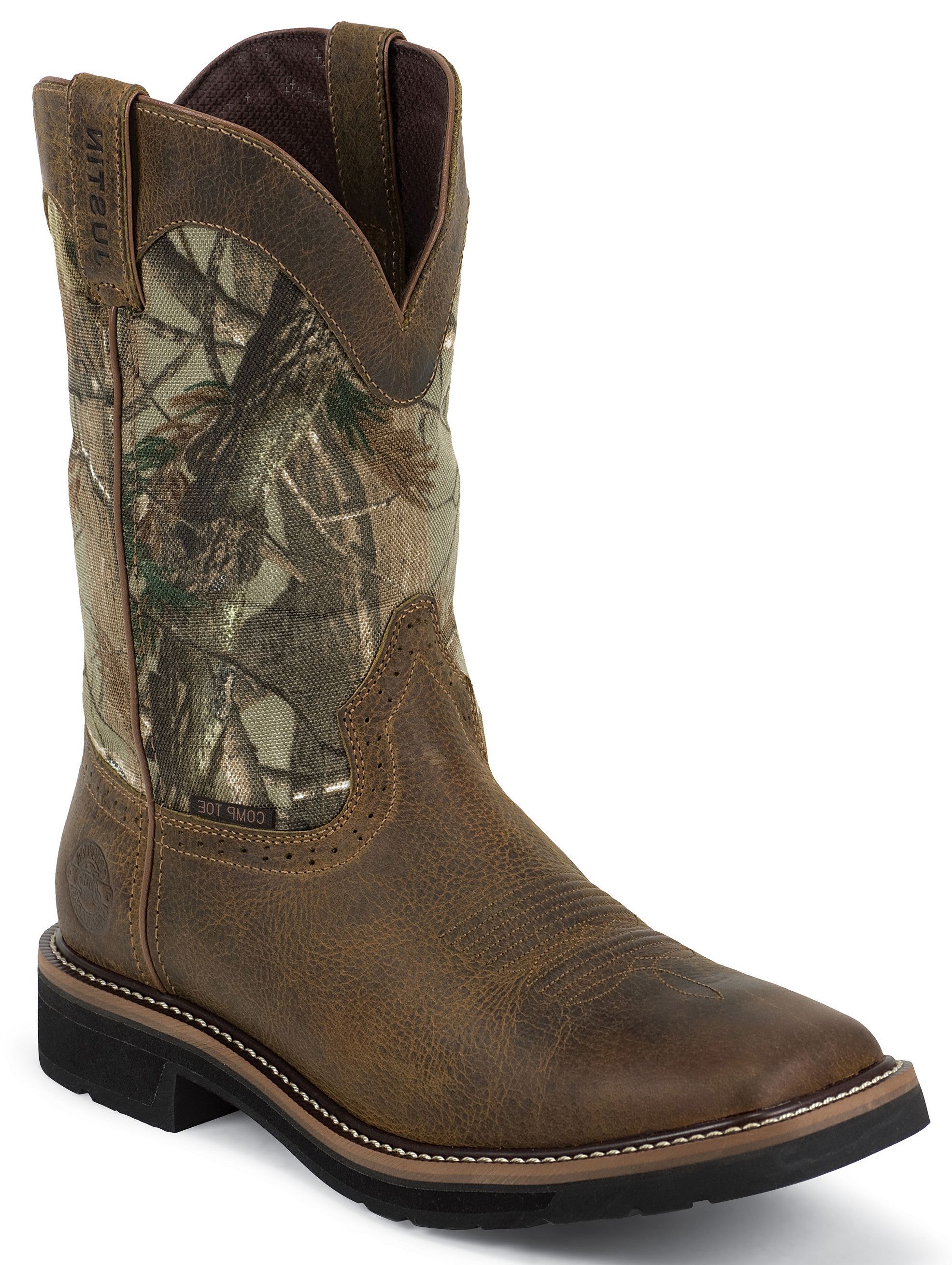 justin stampede camo waterproof work boot