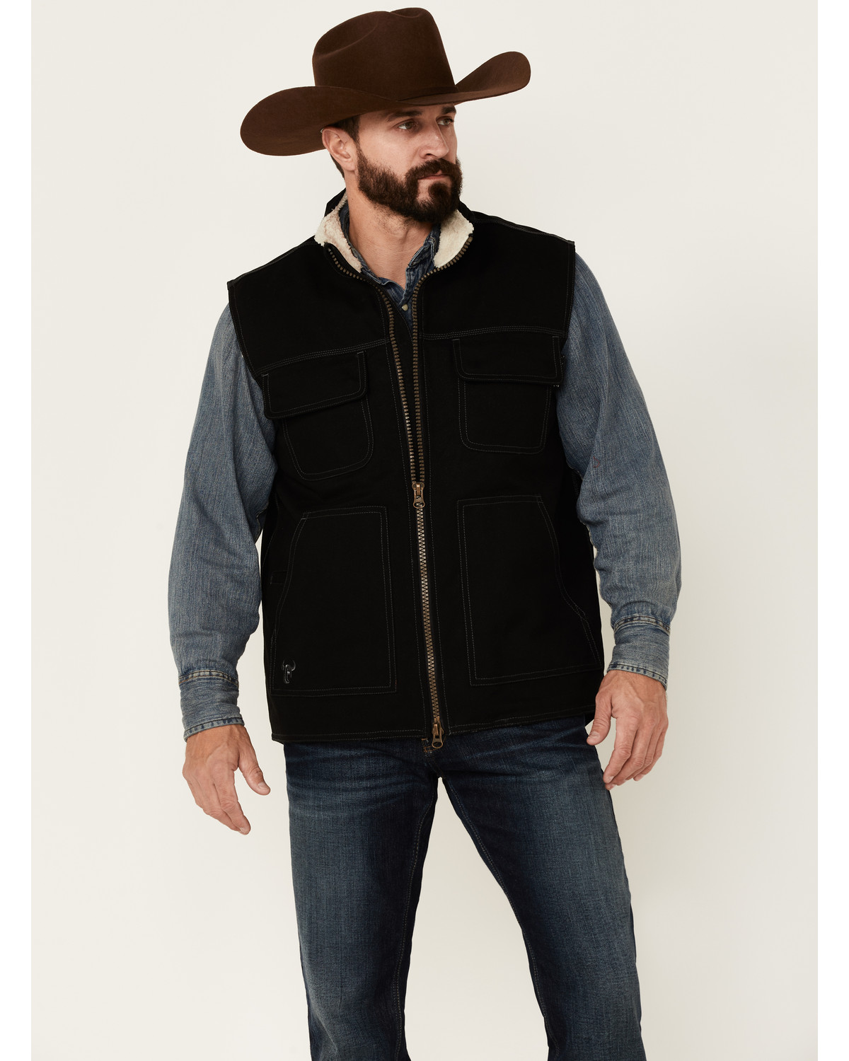 Cowboy Hardware Black Canvas Zip-Front Sherpa-Lined Vest | Sheplers