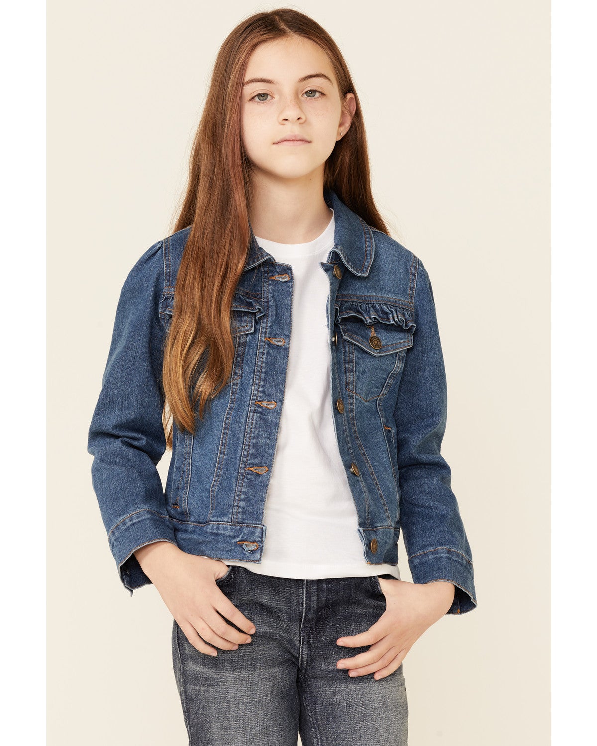Medium Wash Ruffle Yoke Buffon-Front 