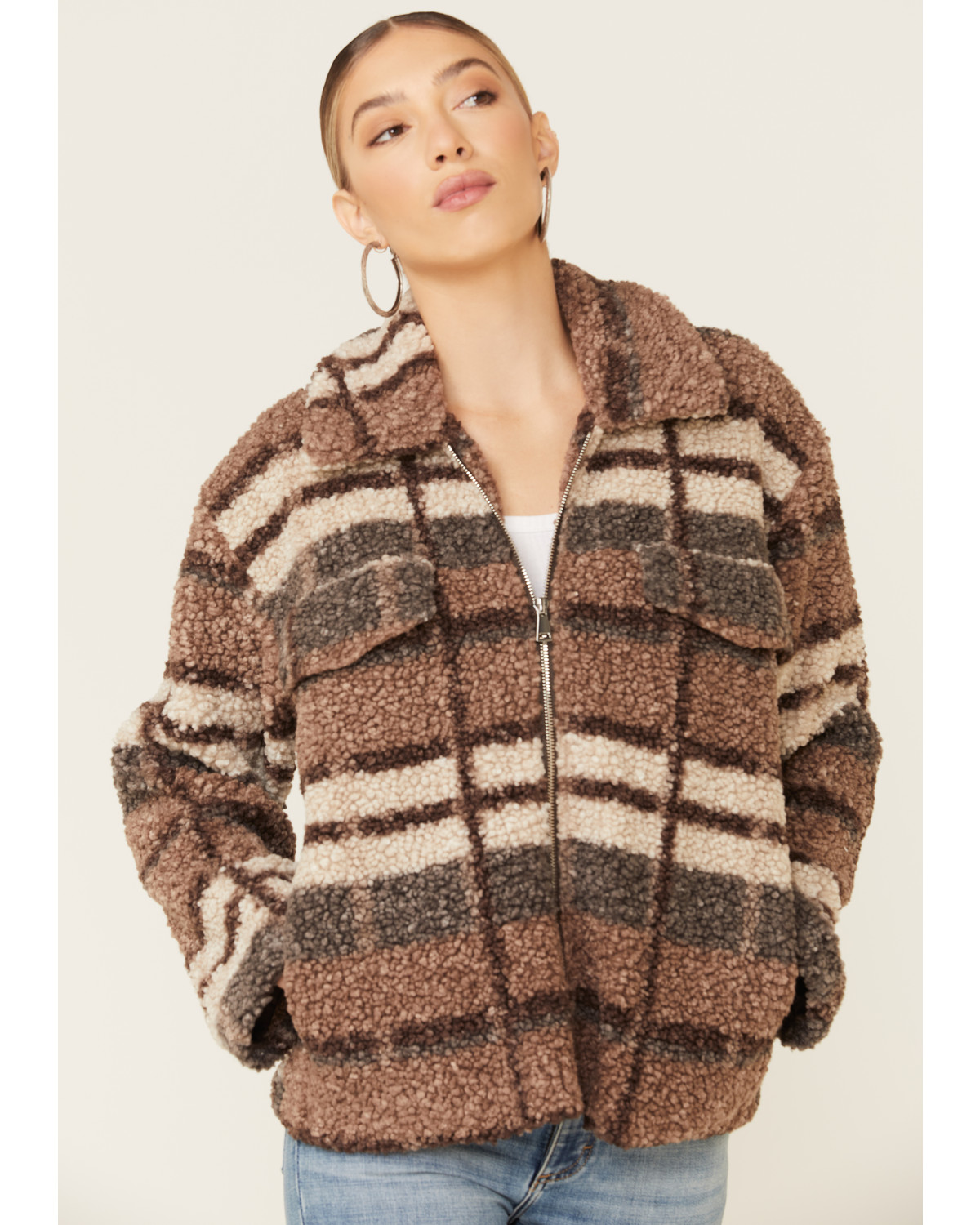 26 International Women's Brown Plaid Sherpa Lined Zip Jacket | Sheplers