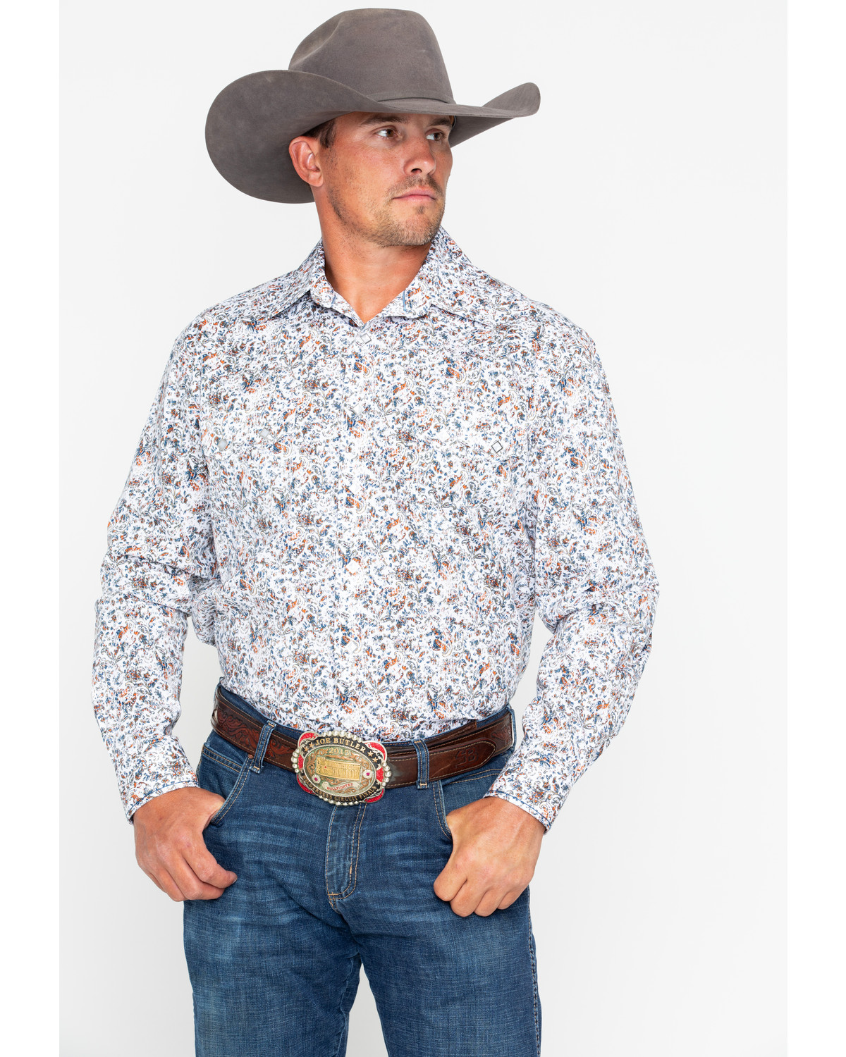 Zimaes-Men Floral Western Shirt Long Sleeve Buttoned Bronzing Skinny Blouse 