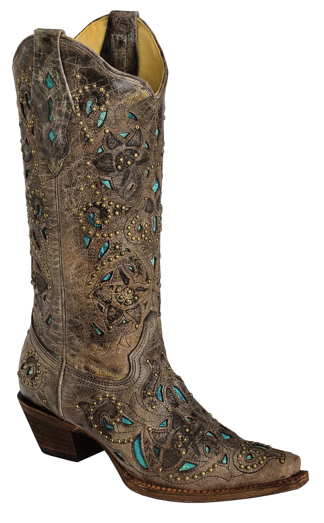 Corral Studded Turquoise Leather Inlay Cowgirl Boots - Snip Toe | Sheplers