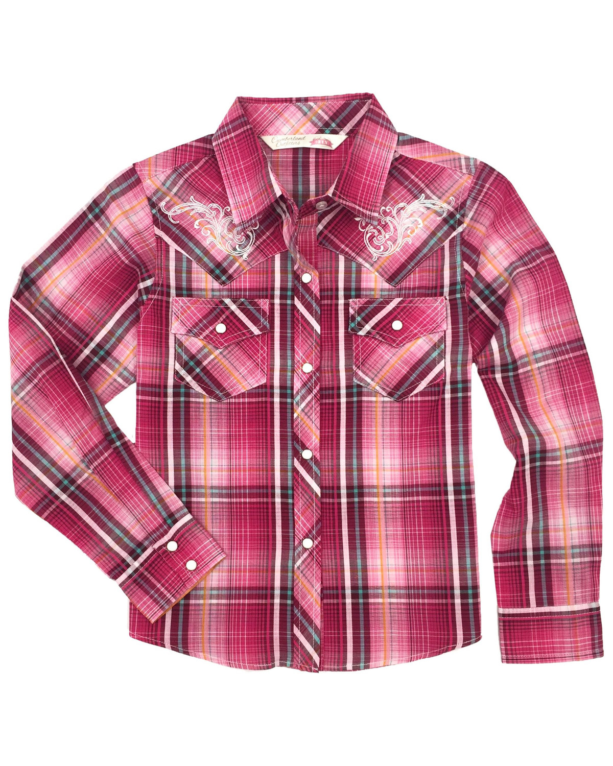 Cumberland Outfitters Girls Pink Plaid Embroidered Snap Long Sleeve Western Shirt Sheplers