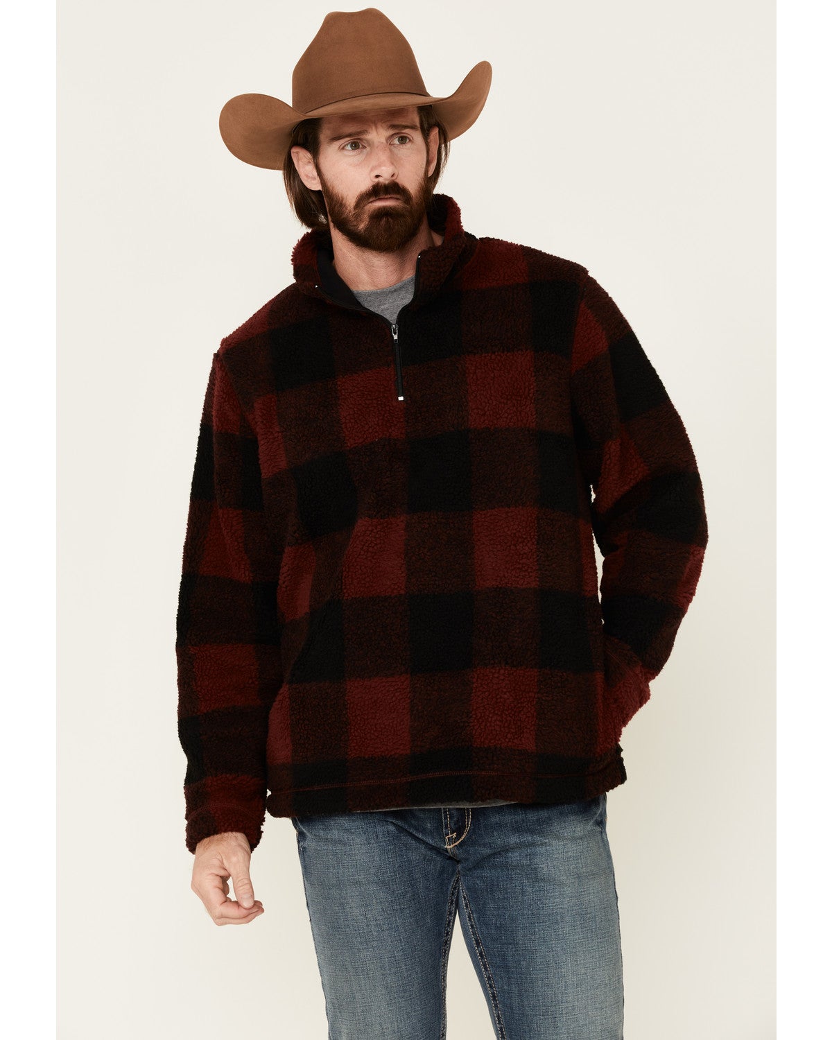 Wrangler Men's Burgundy Large Plaid Sherpa 1/4 Zip Pullover