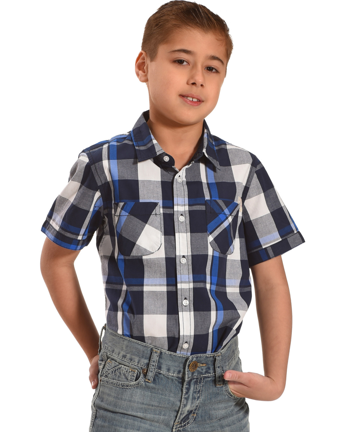 Silver Toddler Boys' Navy Plaid Short Sleeve Button Down Shirt | Sheplers