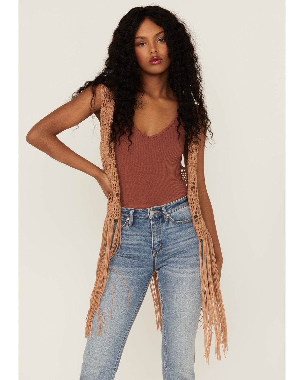 Mocha Crochet Fringe Vest | Sheplers
